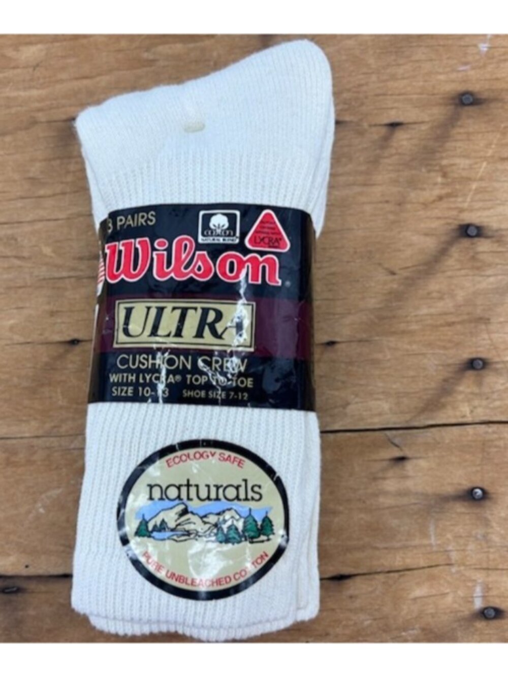 VTG New Wilson Ultra Cushion Crew Socks Size 10-13 USA Unbleached Cotton